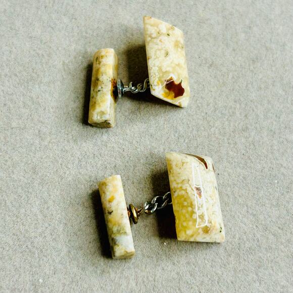 Polished Natural Stone Cufflinks Cream Earth Tones Flecks - Picture 2 of 5
